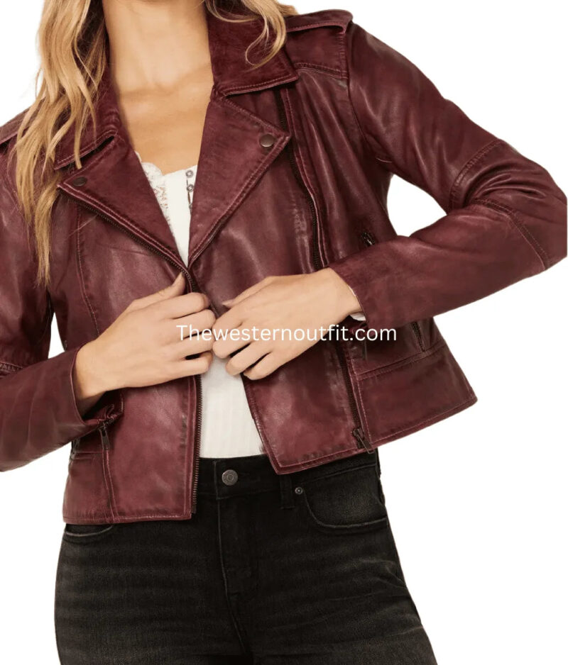 Women’s Sparrow Maroon Western Leather Jacket - Image 4