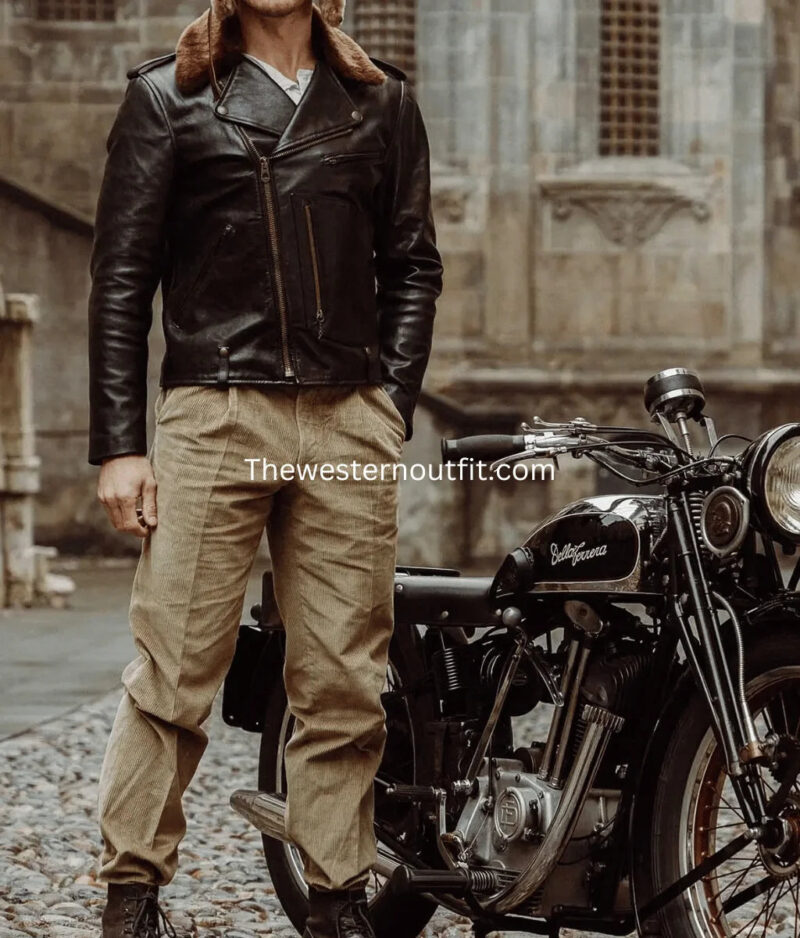 Men’s Black Biker Leather Jacket – with Fur Collar