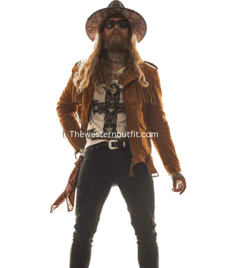 Westworld Style Men’s Brown Suede Western Cowboy Jacket with Fringes - Image 3