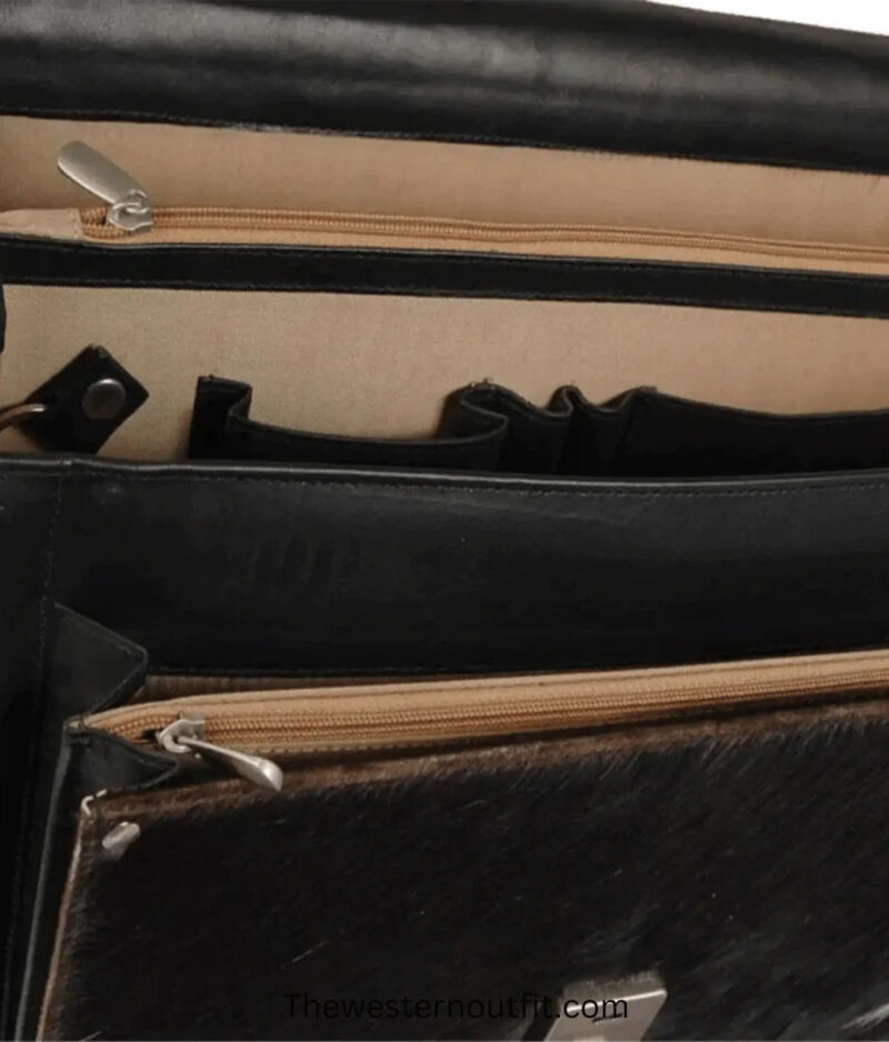 Briefcase With Adjustable Strap Black And White Cowhide Leather Bag - Image 4