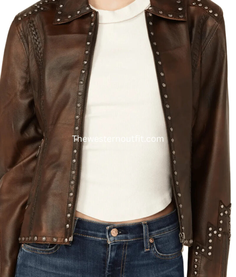 Women’s Concho Back Dark Brown Leather Jacket Cripple Creek - Image 4