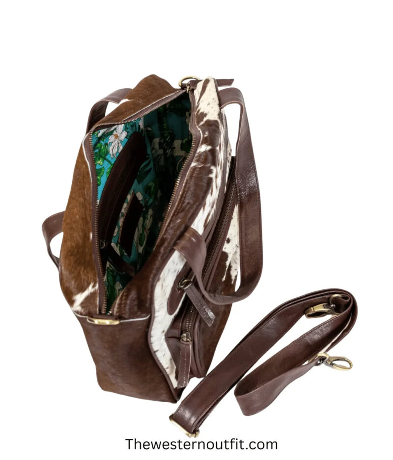 Messenger Cowhide Handmade Brown & white Leather Bag - Image 4