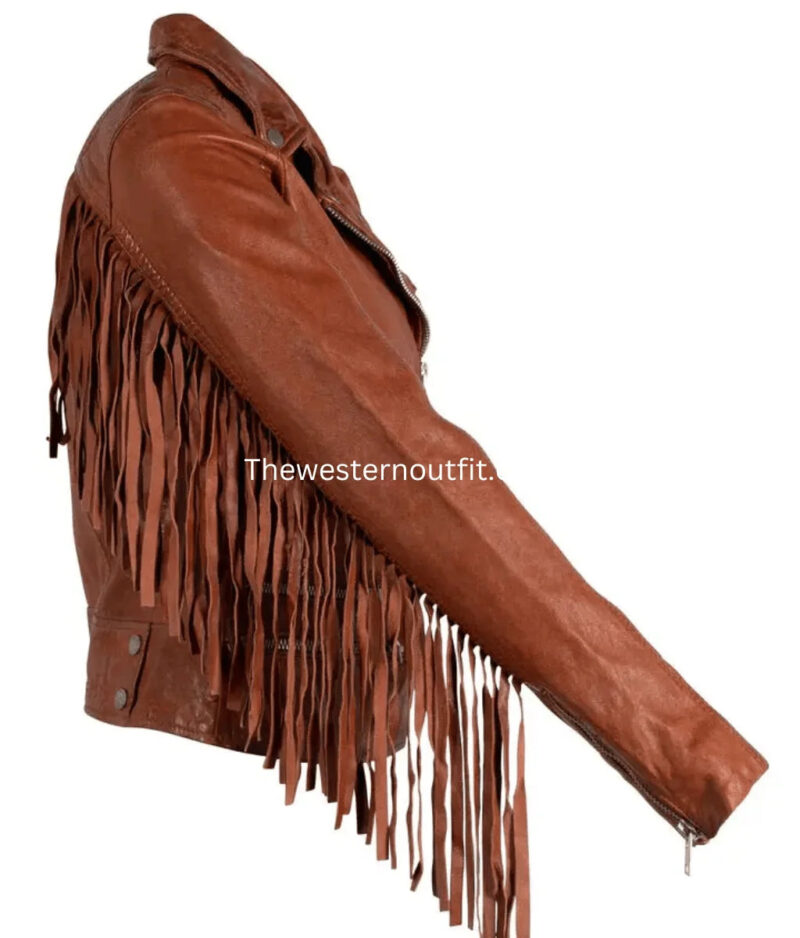 Women’s Fringe Leather Jacket Burnt Orange - Image 6