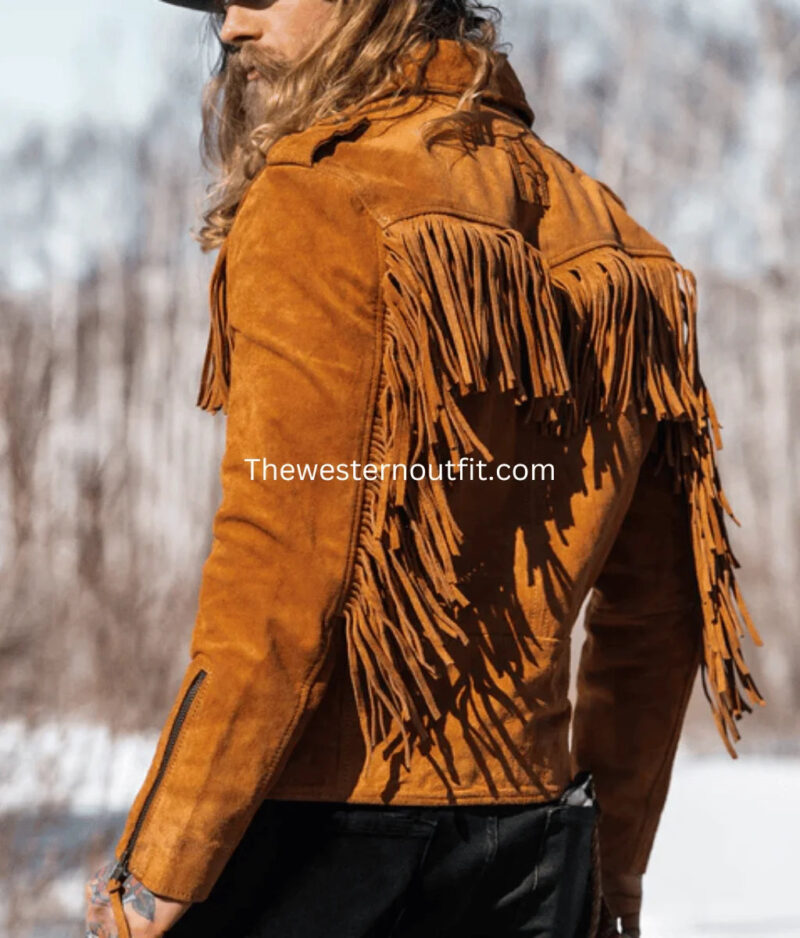 Mens Brown Fringes Suede Leather Cowboy Jacket - Image 2