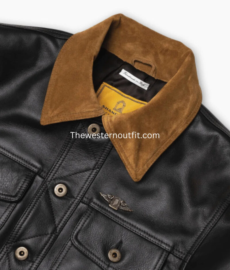 Gold Bison Black Leather Trucker Jacket for Men - Image 6