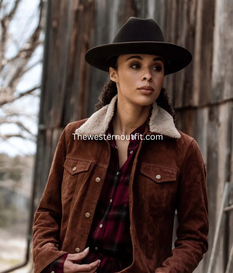Womens Shearling Collar Trucker Suede Jacket