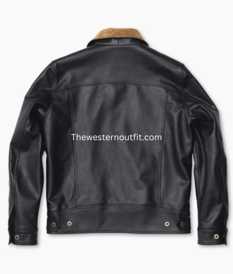 Gold Bison Black Leather Trucker Jacket for Men - Image 4