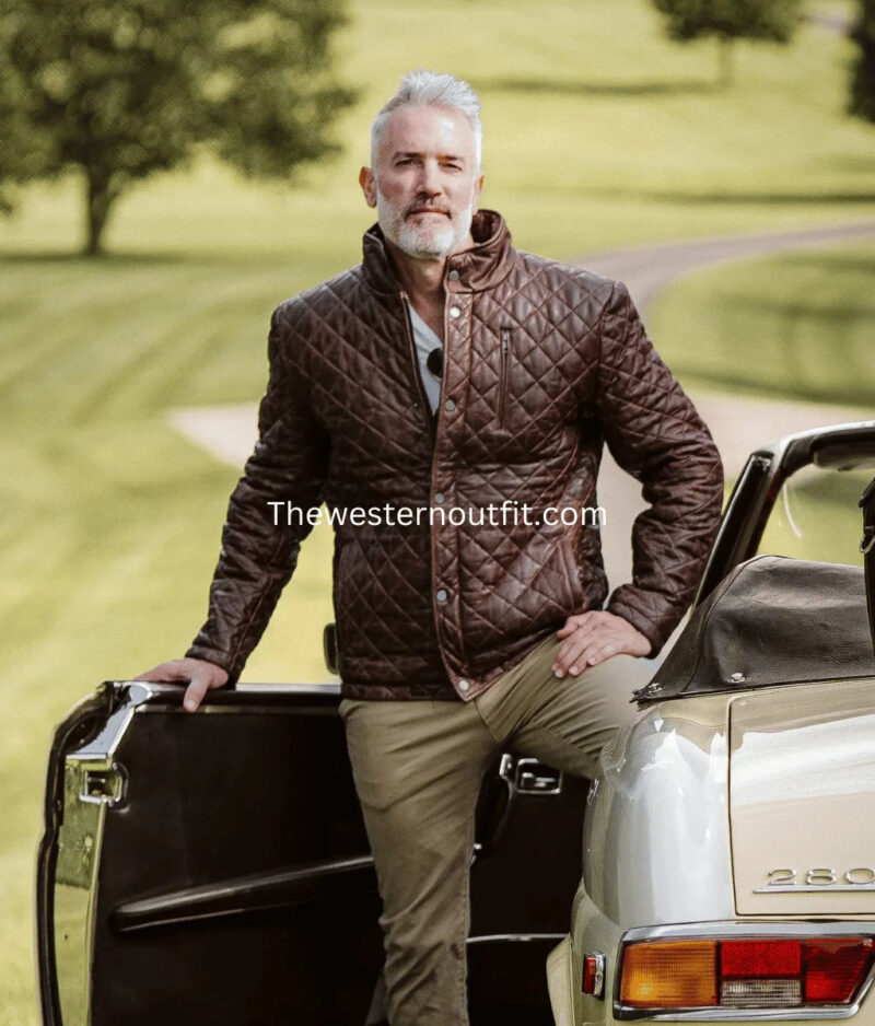Highlands Quilted Mens Brown Leather Jacket - Image 9