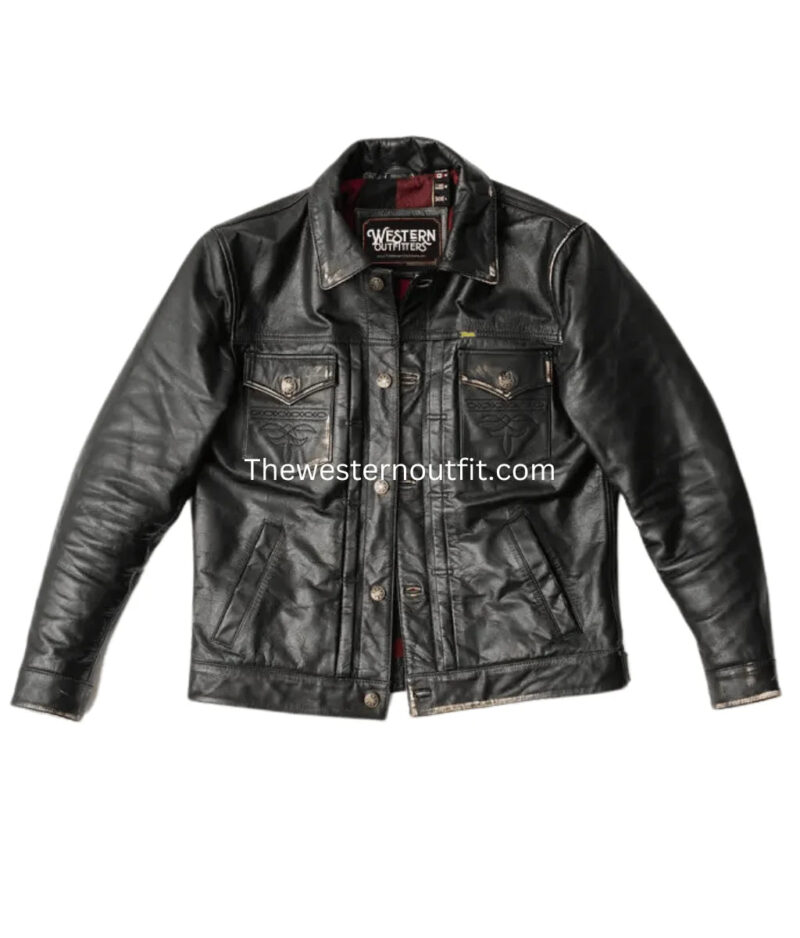 Cody Style Men’s Black Western Trucker Leather Jacket