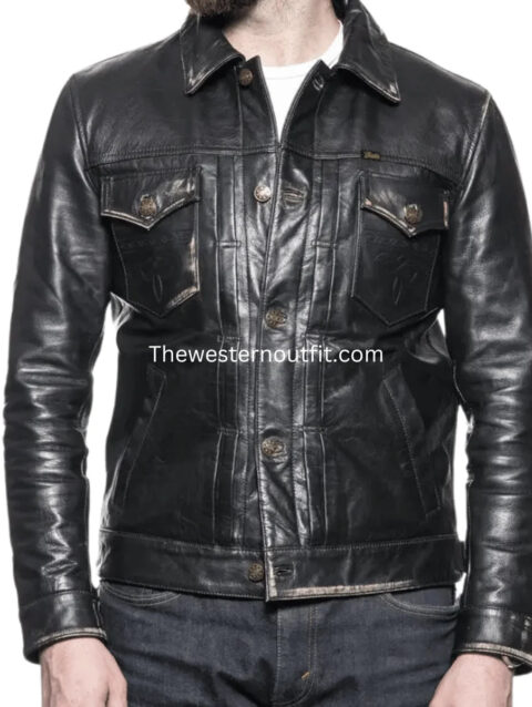 Men’s Black Western Trucker Leather Jacket Cody Style