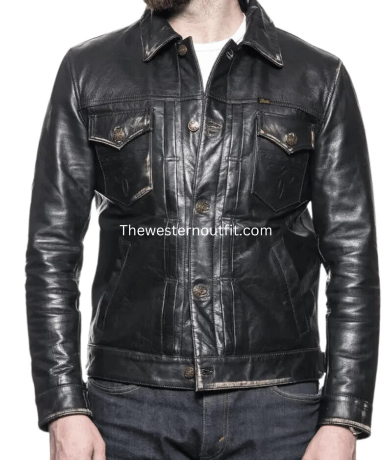 Men’s Black Western Trucker Leather Jacket Cody Style