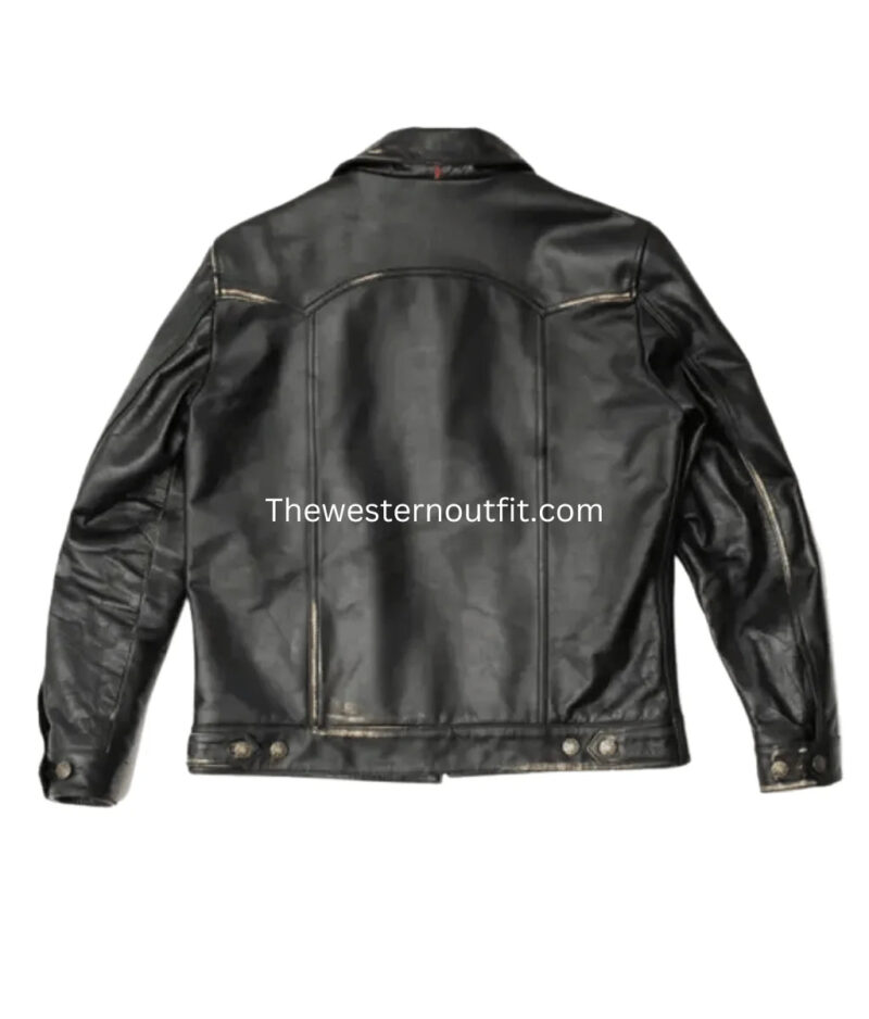 Men’s Black Western Trucker Leather Jacket Cody Style Back