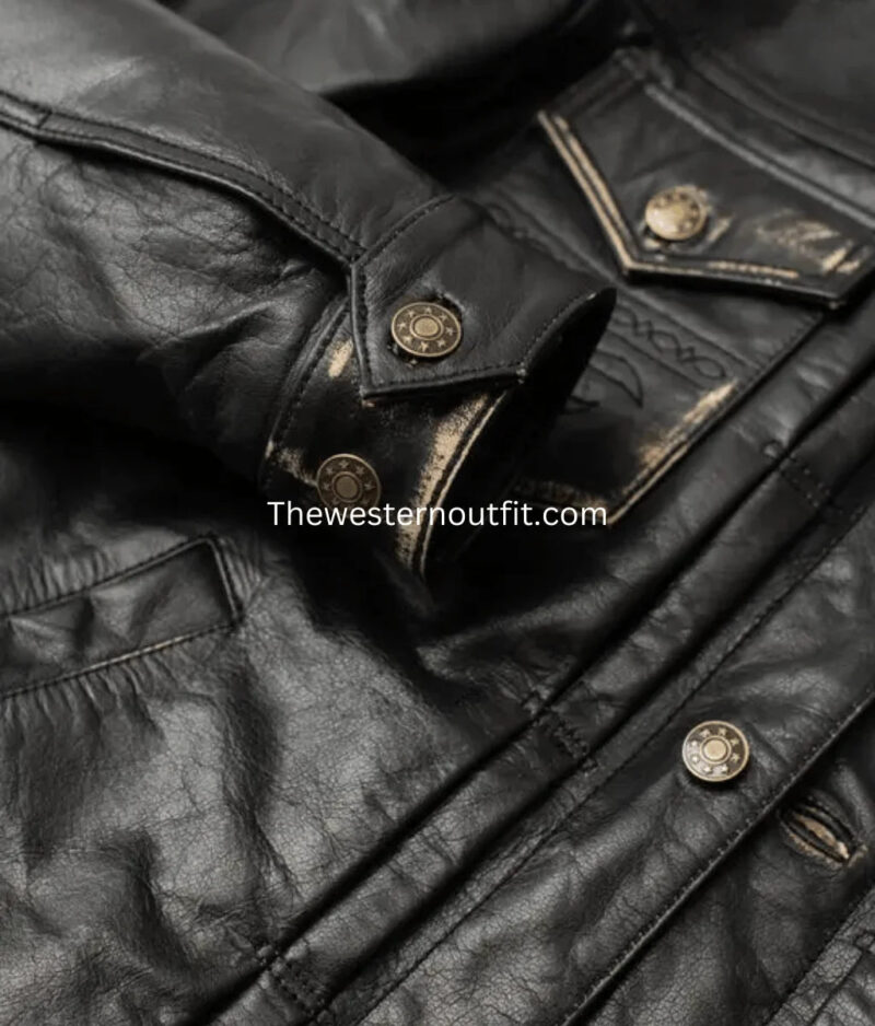 Men’s Black Western Trucker Leather Jacket Cody Style Zips