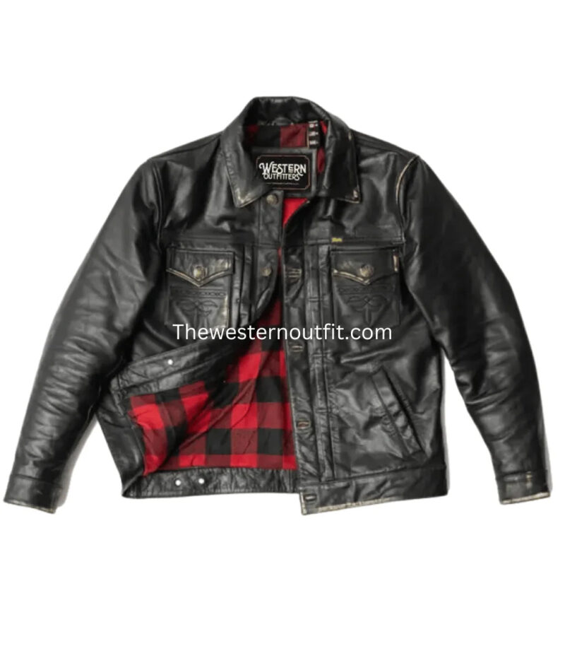 Men’s Black Western Trucker Leather Jacket Style  Cody