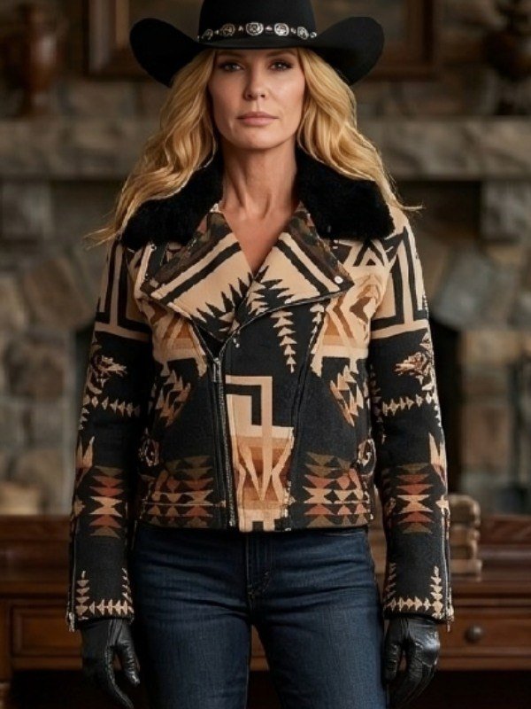 Kelly Reilly Dutton Ranch Season 1 2026 Beth Dutton Western Print Aviator Aztec Jacket 3